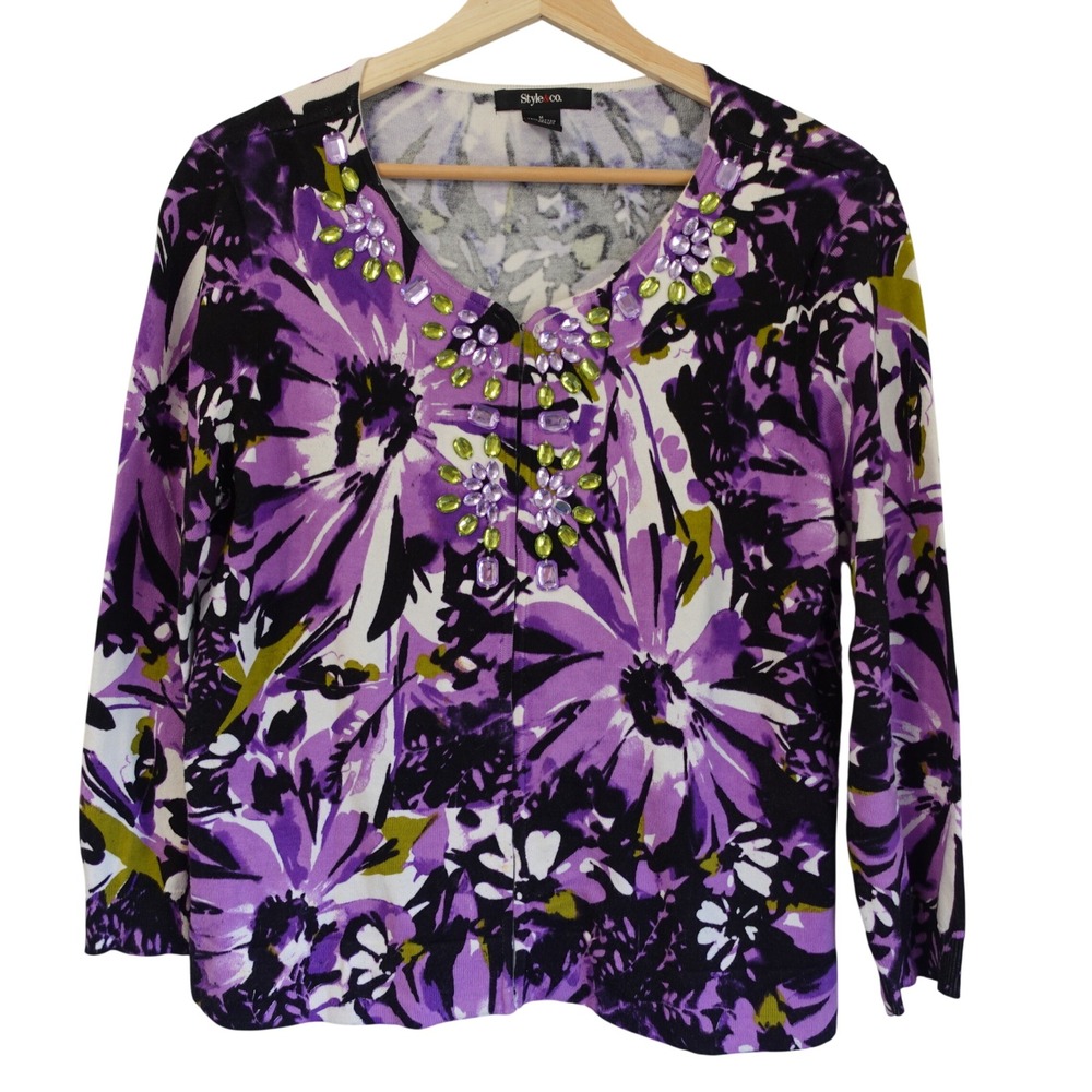 Womens Purple Floral Embellished Knit Cardigan Sweater Med Gemstone Resort NWOT - Picture 1 of 9